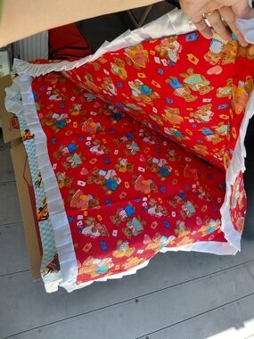 Red Teddy Bear Print Quilt with Black Ruffle Trim Lavender And Wihte & Blue.